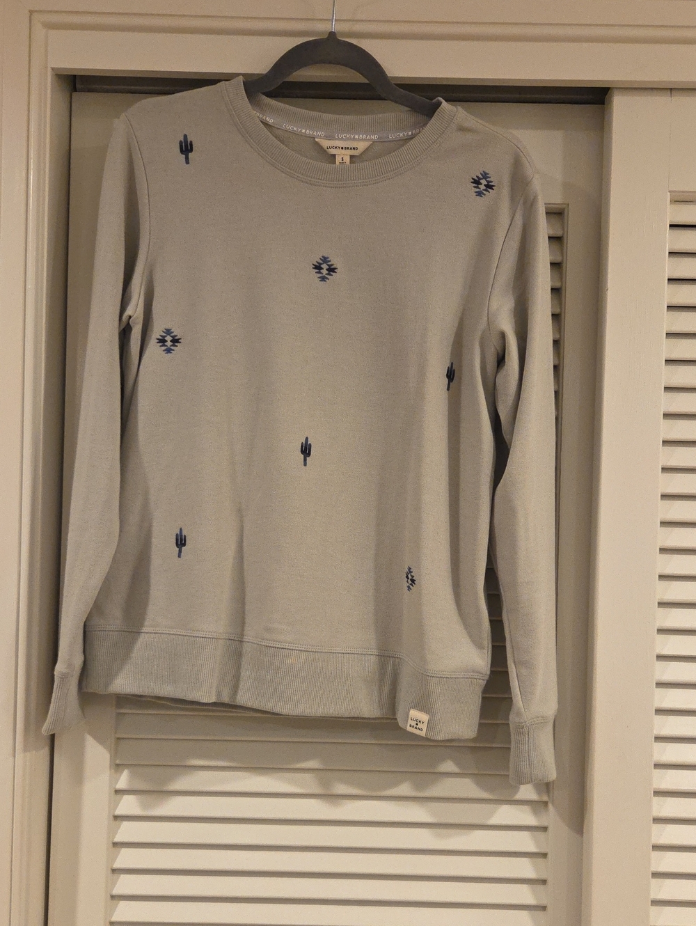 Lucky Brand Light Gray Crewneck Sweater with Navy Embroidery